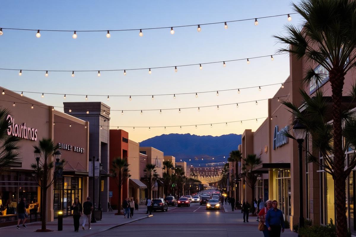 Downtown Summerlin open-air shopping street at dusk with string lights