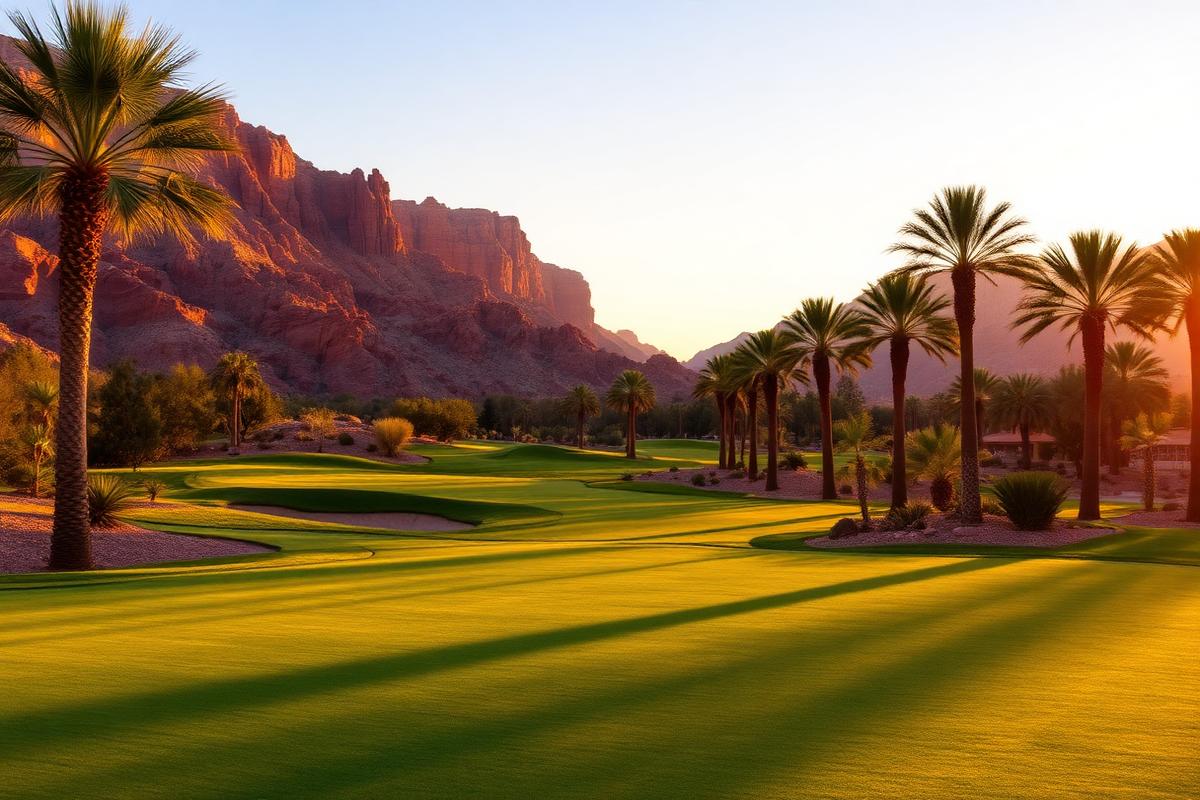Summerlin desert golf course at sunrise below red rock mountains