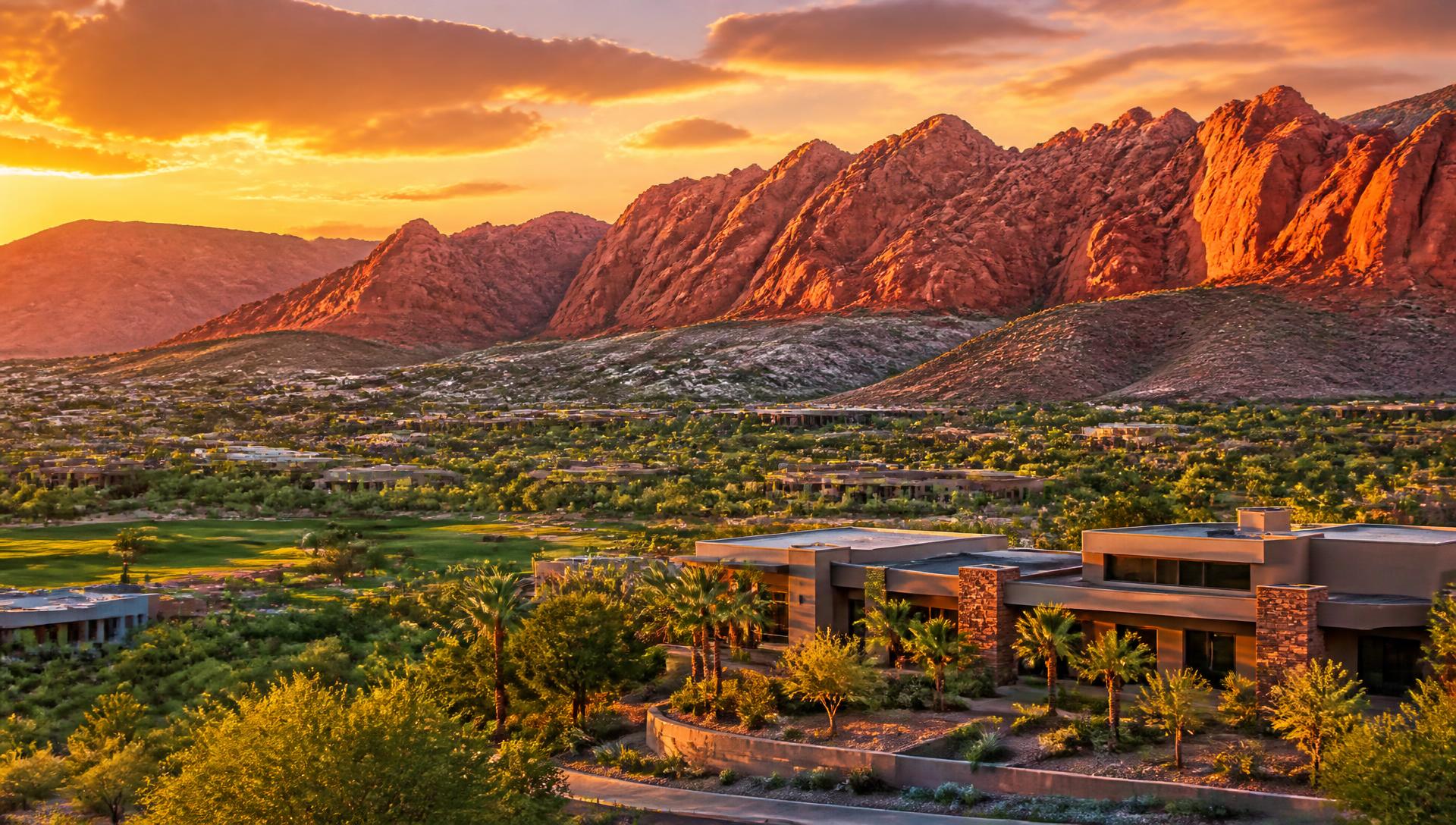 Summerlin, Las Vegas at golden hour with Red Rock Canyon cliffs above the community